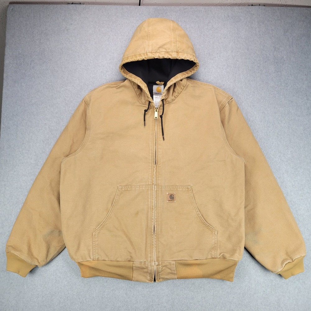 Carhartt J25 CML Active Jacket Mens XL Camel Distressed Thermal Lined Hooded